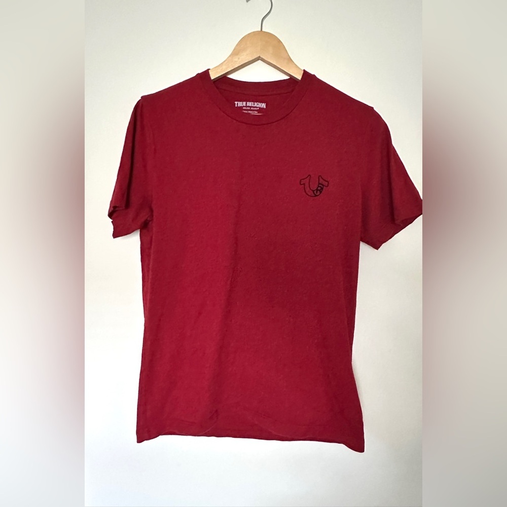 True Religion Brand Jeans Men’s Sz Small Burgundy  T-Shirt‎ Multi logo Buddha